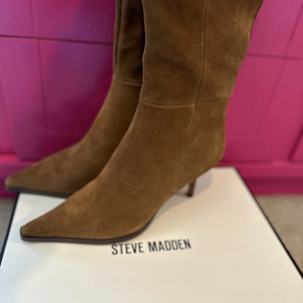 New Steve Madden Suede Lingo Knee-High Pointed-Toe Stiletto Dress Boots
